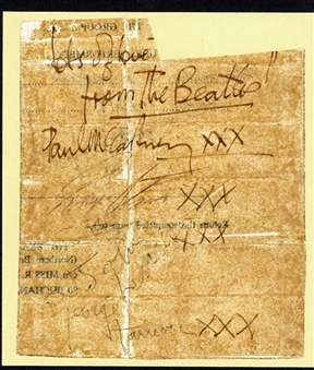 The Beatles Cir. 1964 Group Signed 3.5 x 5 Album Page With Rare "Lots of Love From The Beatles" McCartney Inscription! (Beckett)